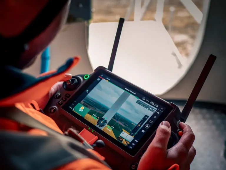Télépilote utilisant l'écran de contrôle pour suivre une inspection d'éolienne par drone en direct
