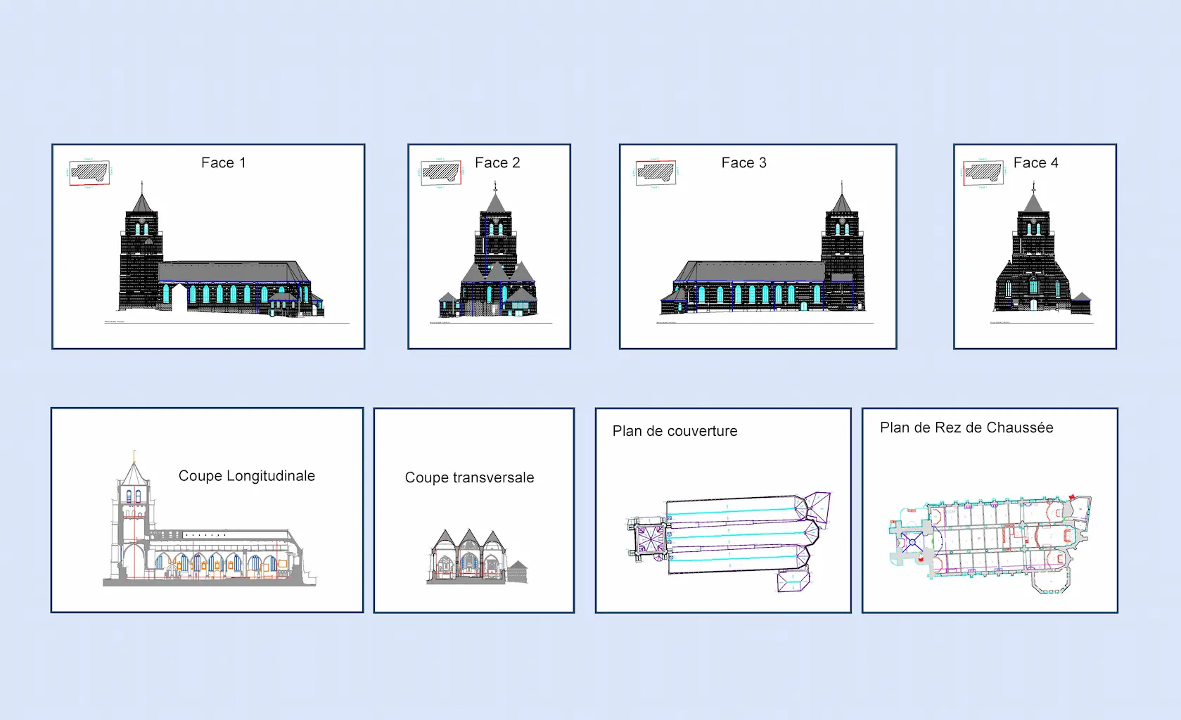 Plans vectoriels des façades et de la toiture de l'église de Longpont
