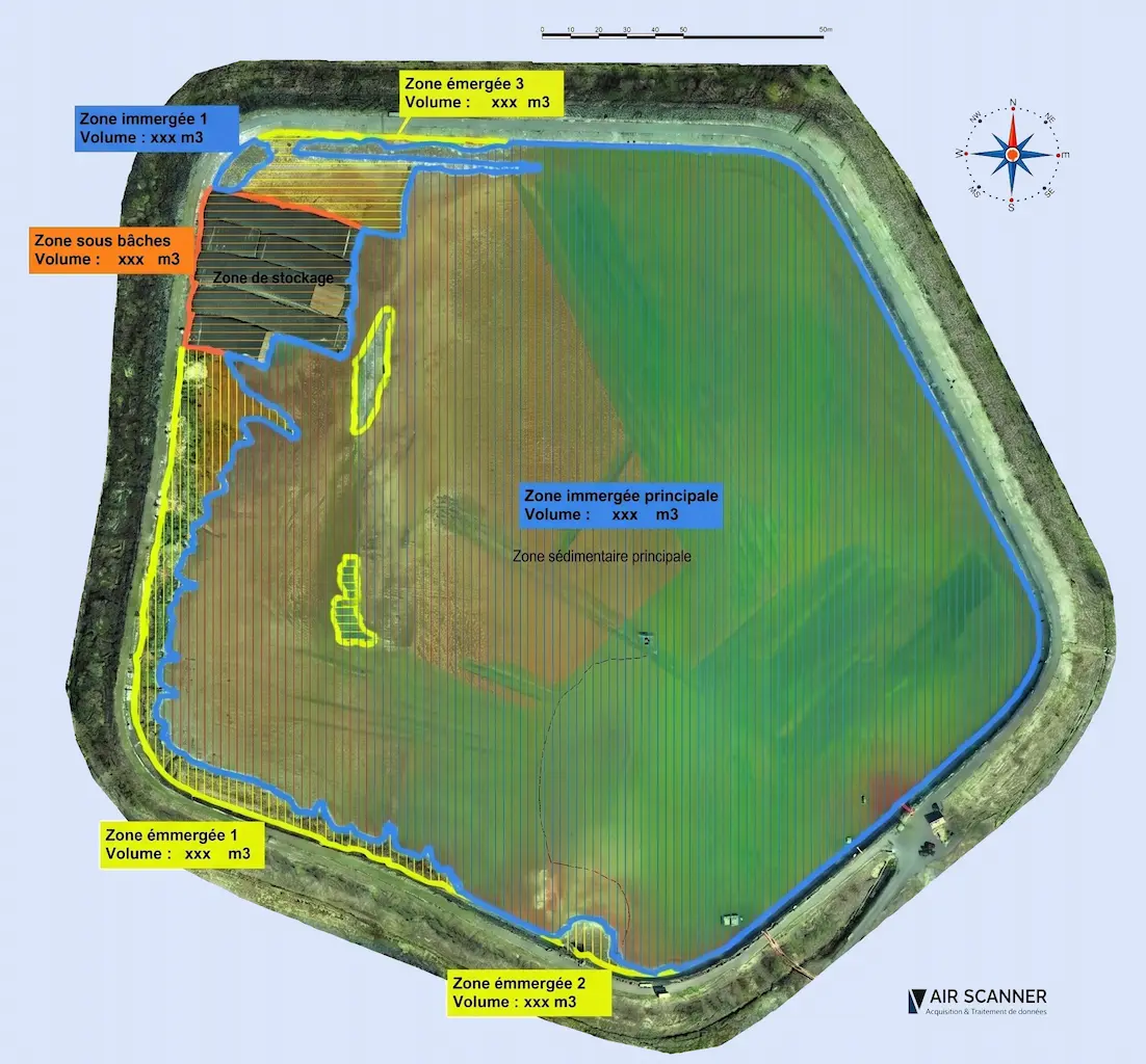 Carte représentant les volumes de sédiments déposés dans un plan d'eau