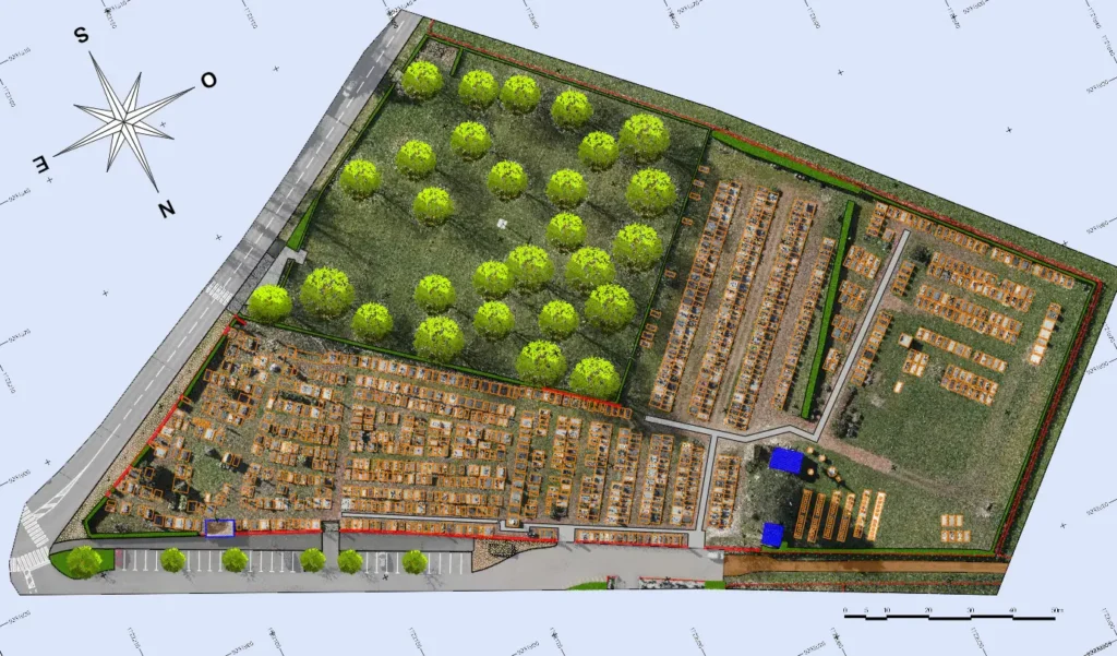 Orthophoto plan géoréférencé de cimetière avec délimitation des concessions