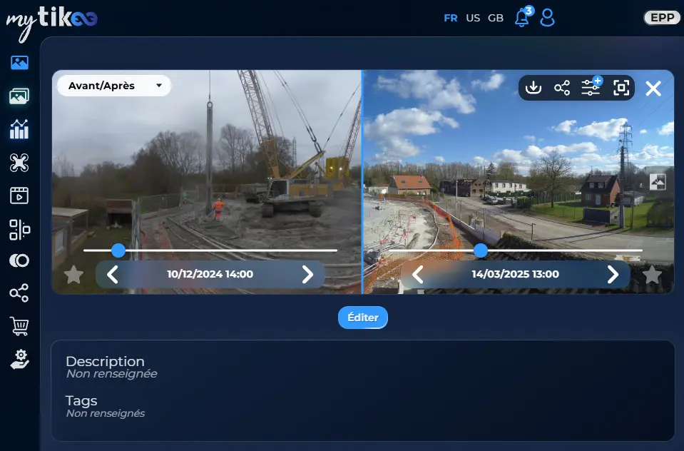 Interface MyTikee pour voir en direct la vue de sa caméra timelapse et générer un timelapse actualisé